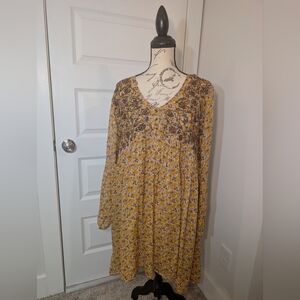 Zara Yellow and Brown Bohemian Floral Long Sleeve Tunic Top Or Dress Size XL